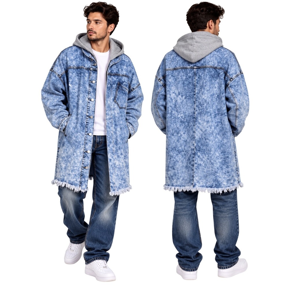 Thrill Mens Blue Acid Wash Hooded Denim Jacket Frayed Hem Longline 3X 100% cotto